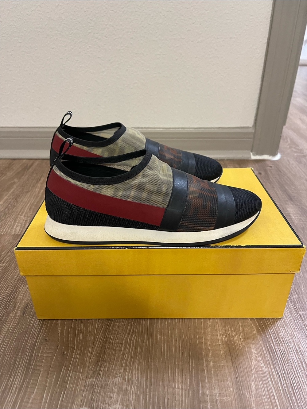 FENDI Women’s  Slip-On Athletic Sneakers in Black, Red, and Olive so chic.